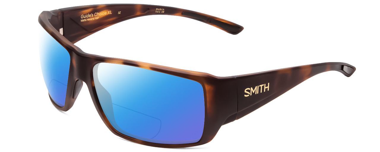 Profile View of Smith Optics Guides Choice Designer Polarized Reading Sunglasses with Custom Cut Powered Blue Mirror Lenses in Matte Tortoise Havana Gold Unisex Rectangle Full Rim Acetate 63 mm