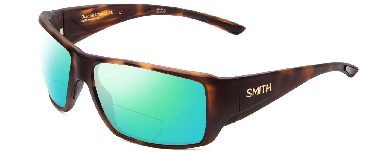 Profile View of Smith Optics Guides Choice Designer Polarized Reading Sunglasses with Custom Cut Powered Green Mirror Lenses in Matte Tortoise Havana Gold Unisex Rectangle Full Rim Acetate 63 mm