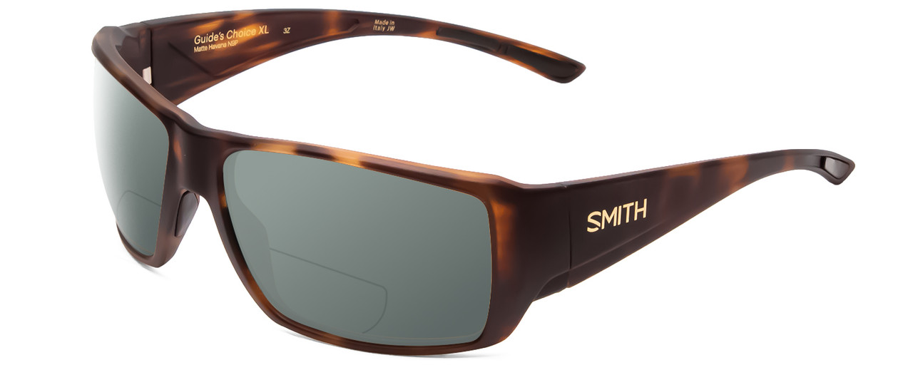 Profile View of Smith Optics Guides Choice Designer Polarized Reading Sunglasses with Custom Cut Powered Smoke Grey Lenses in Matte Tortoise Havana Gold Unisex Rectangle Full Rim Acetate 63 mm
