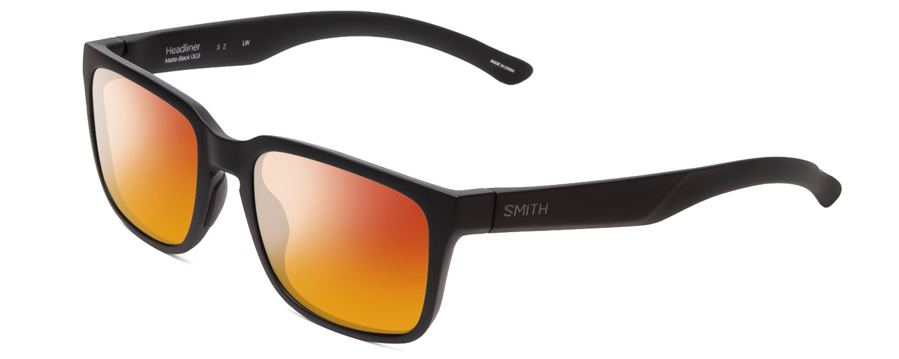 Profile View of Smith Optics Headliner Designer Polarized Sunglasses with Custom Cut Red Mirror Lenses in Matte Black Unisex Square Full Rim Acetate 55 mm