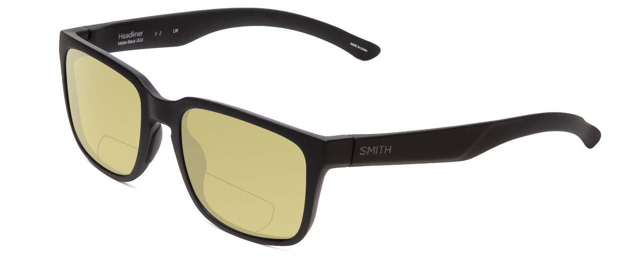 Profile View of Smith Optics Headliner Designer Polarized Reading Sunglasses with Custom Cut Powered Sun Flower Yellow Lenses in Matte Black Unisex Square Full Rim Acetate 55 mm