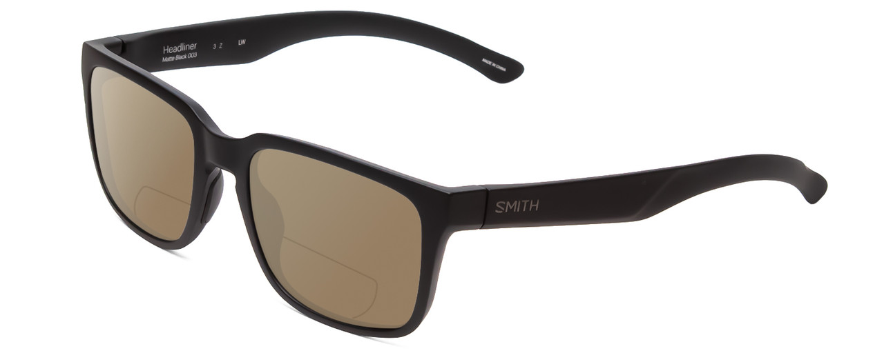 Profile View of Smith Optics Headliner Designer Polarized Reading Sunglasses with Custom Cut Powered Amber Brown Lenses in Matte Black Unisex Square Full Rim Acetate 55 mm