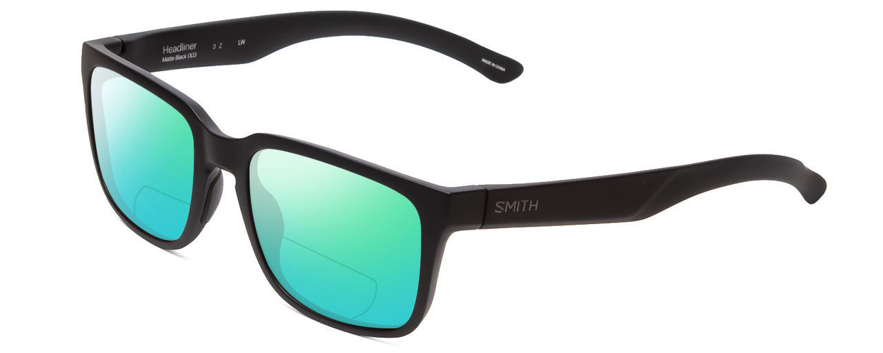 Profile View of Smith Optics Headliner Designer Polarized Reading Sunglasses with Custom Cut Powered Green Mirror Lenses in Matte Black Unisex Square Full Rim Acetate 55 mm