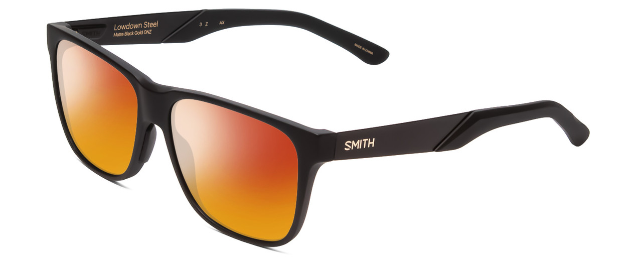 Profile View of Smith Optics Lowdown Steel Designer Polarized Sunglasses with Custom Cut Red Mirror Lenses in Matte Black Unisex Classic Full Rim Acetate 56 mm