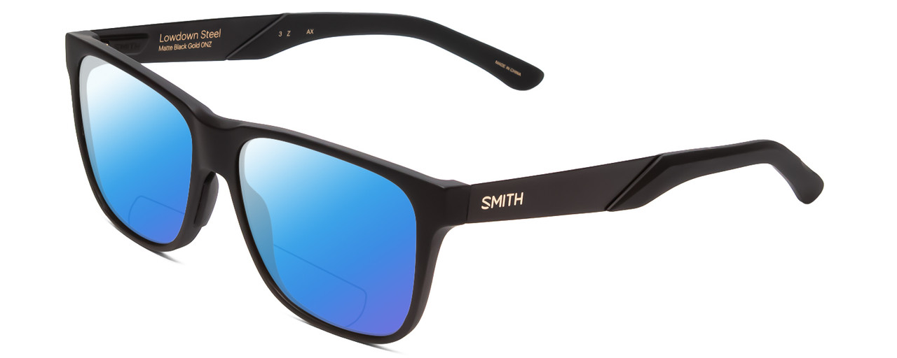 Profile View of Smith Optics Lowdown Steel Designer Polarized Reading Sunglasses with Custom Cut Powered Blue Mirror Lenses in Matte Black Unisex Classic Full Rim Acetate 56 mm