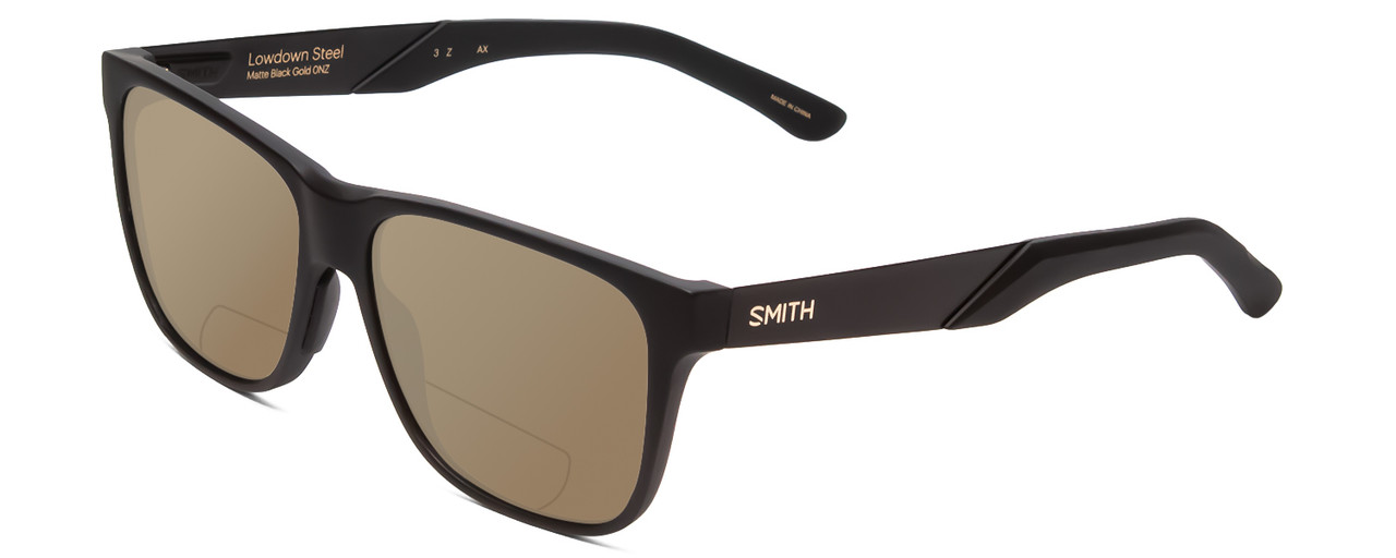 Profile View of Smith Optics Lowdown Steel Designer Polarized Reading Sunglasses with Custom Cut Powered Amber Brown Lenses in Matte Black Unisex Classic Full Rim Acetate 56 mm