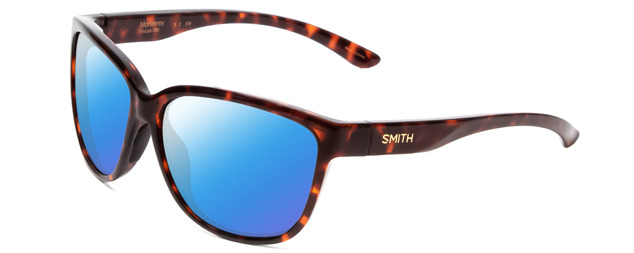 Profile View of Smith Optics Monterey Designer Polarized Sunglasses with Custom Cut Blue Mirror Lenses in Tortoise Havana Brown Gold Ladies Cateye Full Rim Acetate 58 mm