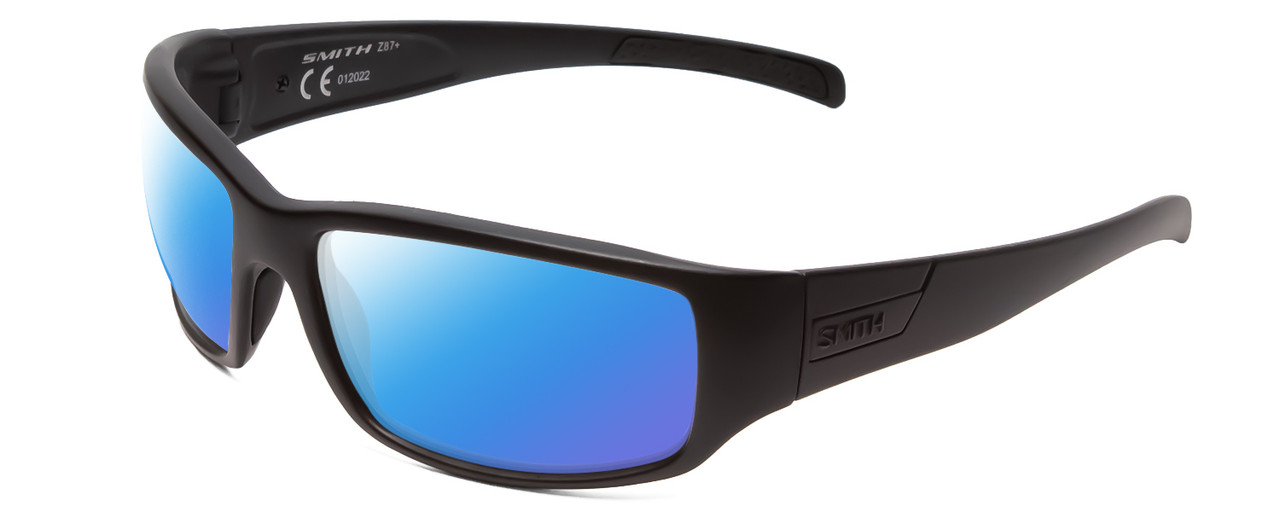 Profile View of Smith Optics Prospect Designer Polarized Sunglasses with Custom Cut Blue Mirror Lenses in Matte Black Unisex Wrap Full Rim Acetate 61 mm