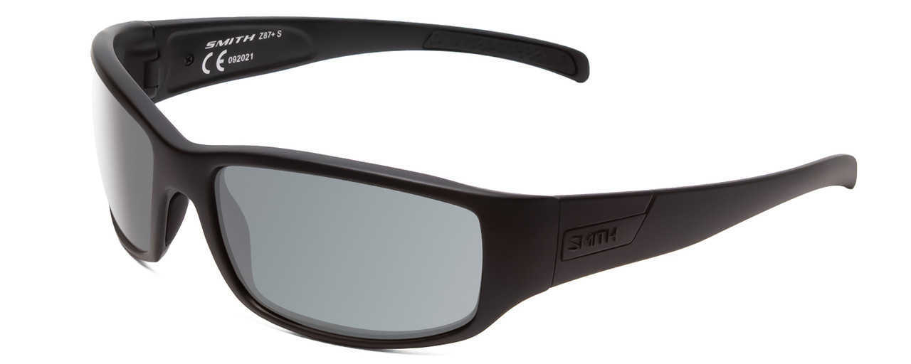 Profile View of Smith Optics Prospect Unisex Wrap Sunglasses Matte Black & Polarized Gray 61 mm