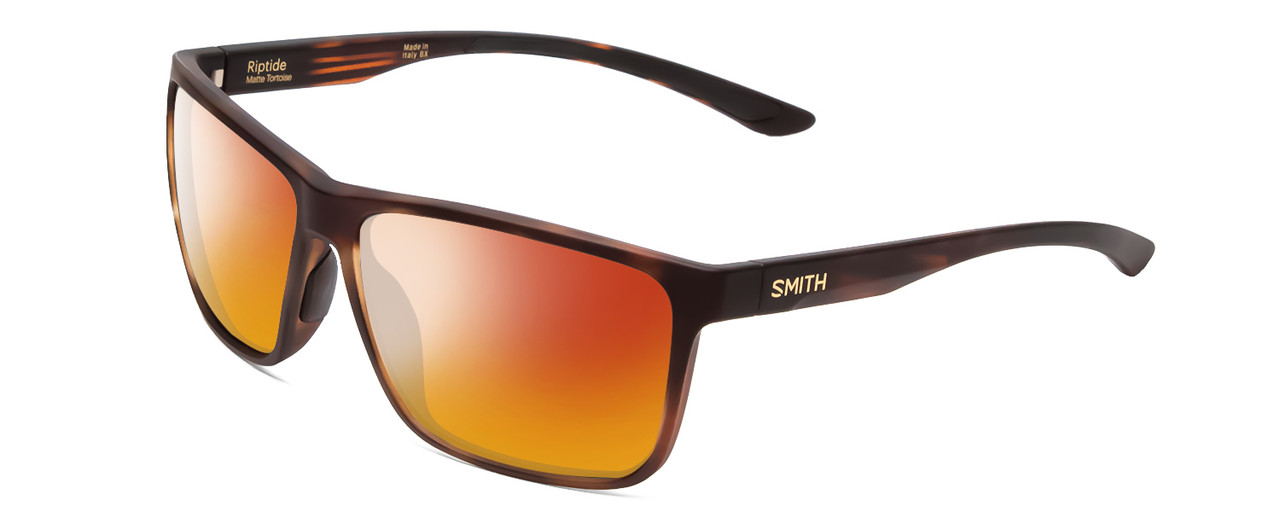 Profile View of Smith Optics Riptide Designer Polarized Sunglasses with Custom Cut Red Mirror Lenses in Matte Tortoise Havana Gold Unisex Rectangle Full Rim Acetate 61 mm