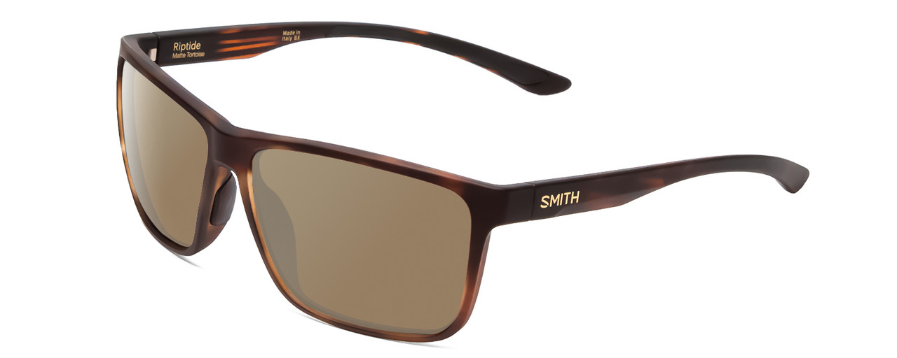 Profile View of Smith Optics Riptide Designer Polarized Sunglasses with Custom Cut Amber Brown Lenses in Matte Tortoise Havana Gold Unisex Rectangle Full Rim Acetate 61 mm