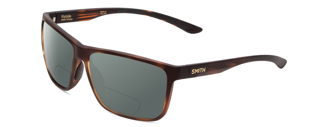 Profile View of Smith Optics Riptide Designer Polarized Reading Sunglasses with Custom Cut Powered Smoke Grey Lenses in Matte Tortoise Havana Gold Unisex Rectangle Full Rim Acetate 61 mm