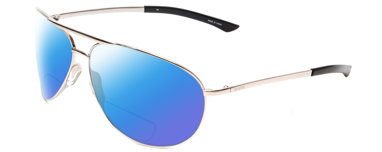 Profile View of Smith Optics Serpico 2 Designer Polarized Reading Sunglasses with Custom Cut Powered Blue Mirror Lenses in Silver Black Unisex Pilot Full Rim Metal 65 mm