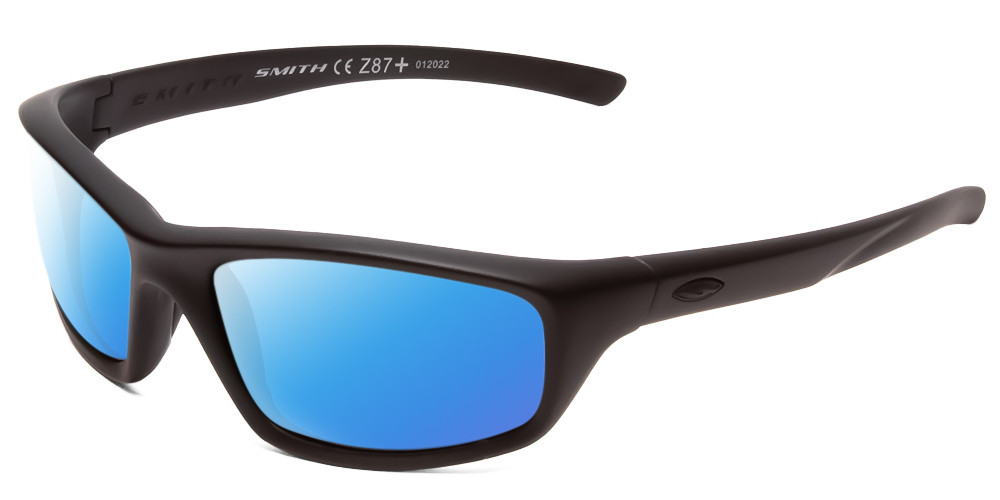 Profile View of Smith Optics Director Designer Polarized Sunglasses with Custom Cut Blue Mirror Lenses in Black Unisex Rectangle Full Rim Acetate 60 mm