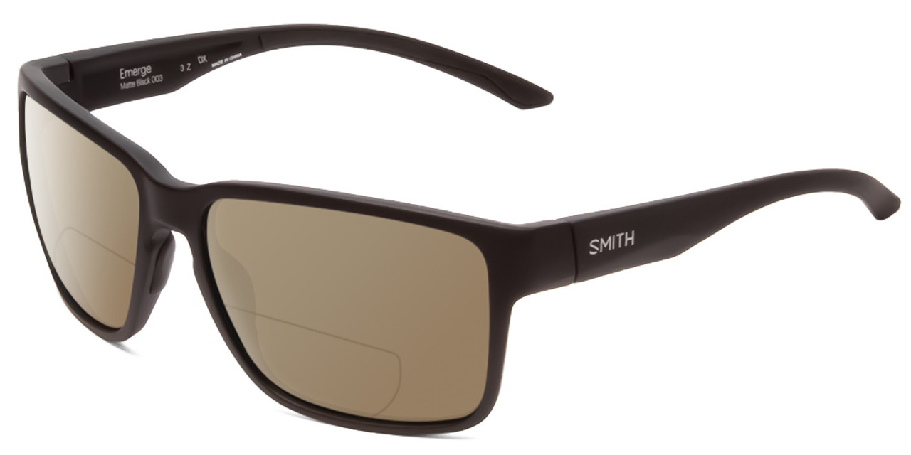 Profile View of Smith Optics Emerge Designer Polarized Reading Sunglasses with Custom Cut Powered Amber Brown Lenses in Matte Black Unisex Square Full Rim Acetate 60 mm