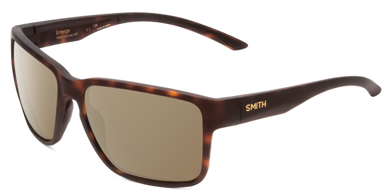 Profile View of Smith Optics Emerge Designer Polarized Sunglasses with Custom Cut Amber Brown Lenses in Matte Tortoise Havana Gold Unisex Square Full Rim Acetate 60 mm