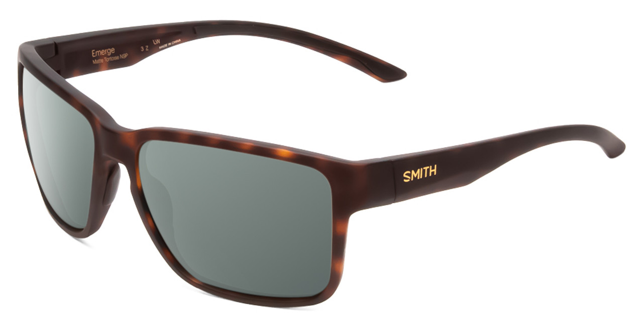 Profile View of Smith Optics Emerge Designer Polarized Sunglasses with Custom Cut Smoke Grey Lenses in Matte Tortoise Havana Gold Unisex Square Full Rim Acetate 60 mm