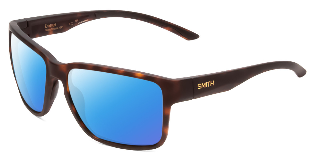 Profile View of Smith Optics Emerge Designer Polarized Sunglasses with Custom Cut Blue Mirror Lenses in Matte Tortoise Havana Gold Unisex Square Full Rim Acetate 60 mm