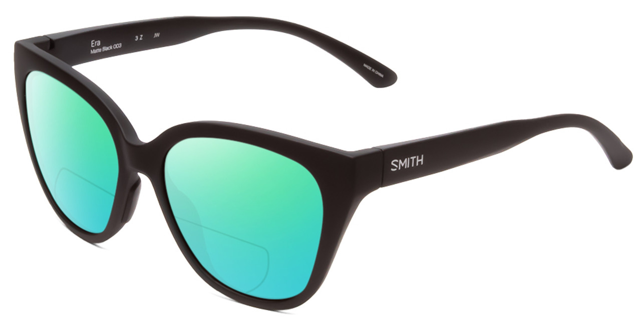 Profile View of Smith Optics Era Designer Polarized Reading Sunglasses with Custom Cut Powered Green Mirror Lenses in Matte Black Ladies Cateye Full Rim Acetate 55 mm