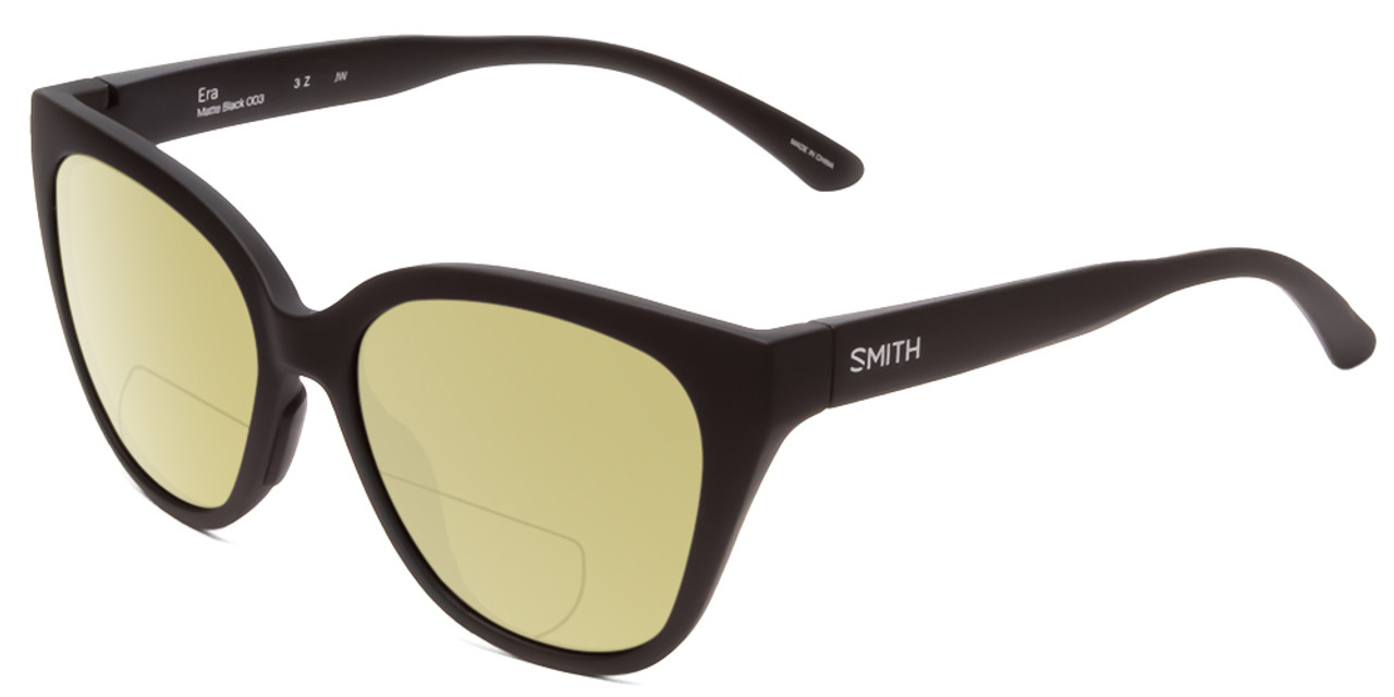 Profile View of Smith Optics Era Designer Polarized Reading Sunglasses with Custom Cut Powered Sun Flower Yellow Lenses in Matte Black Ladies Cateye Full Rim Acetate 55 mm