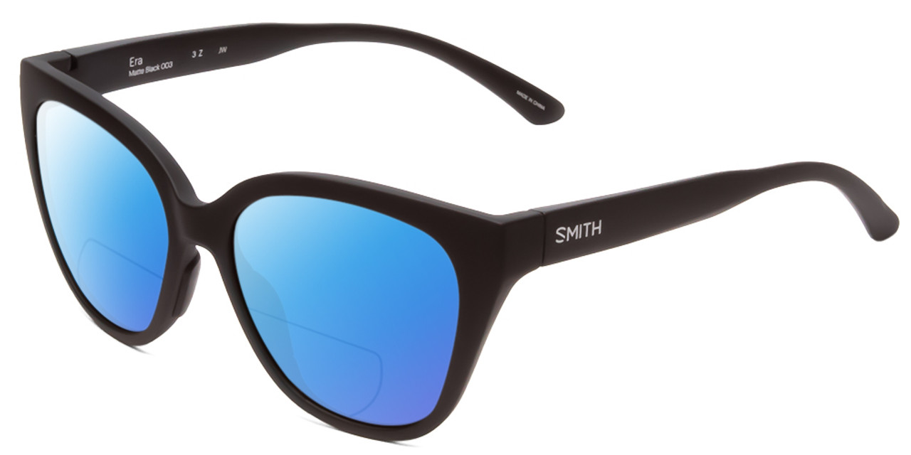 Profile View of Smith Optics Era Designer Polarized Reading Sunglasses with Custom Cut Powered Blue Mirror Lenses in Matte Black Ladies Cateye Full Rim Acetate 55 mm