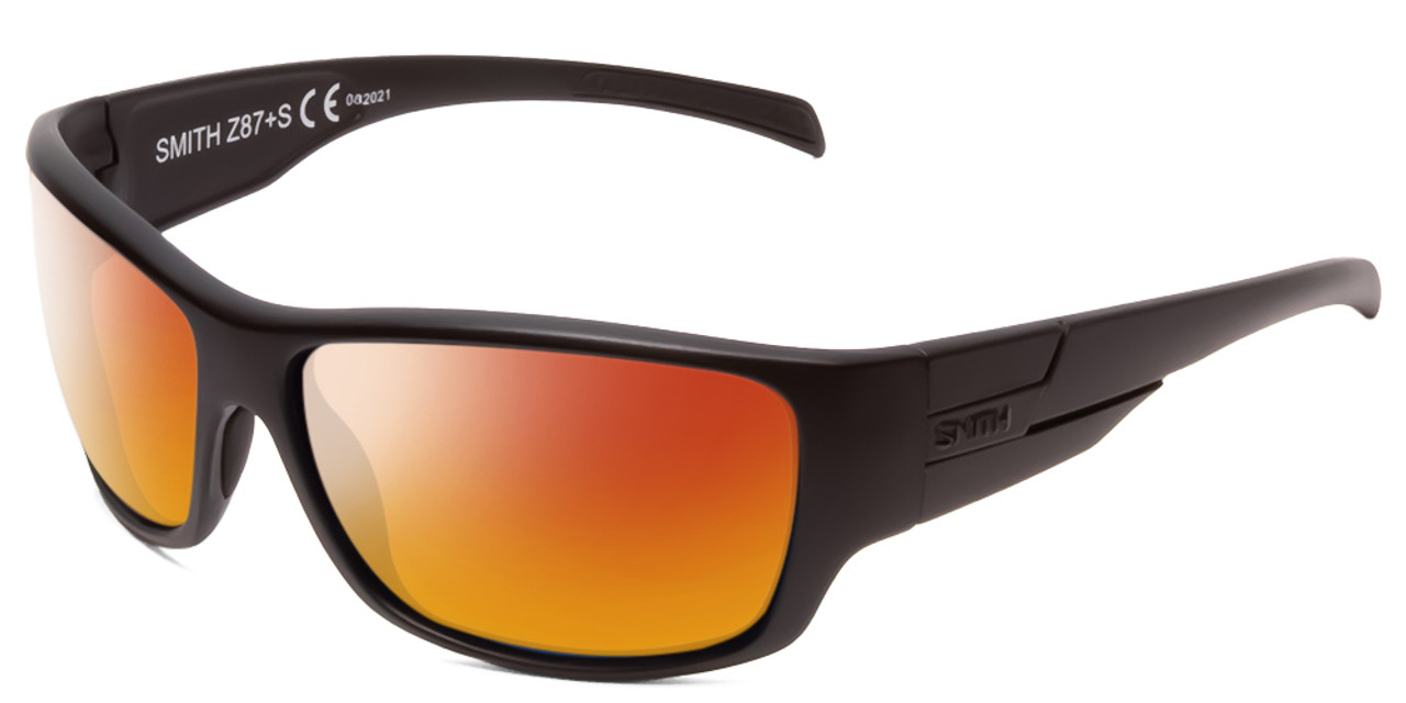 Profile View of Smith Optics Frontman Designer Polarized Sunglasses with Custom Cut Red Mirror Lenses in Black Unisex Wrap Full Rim Acetate 65 mm