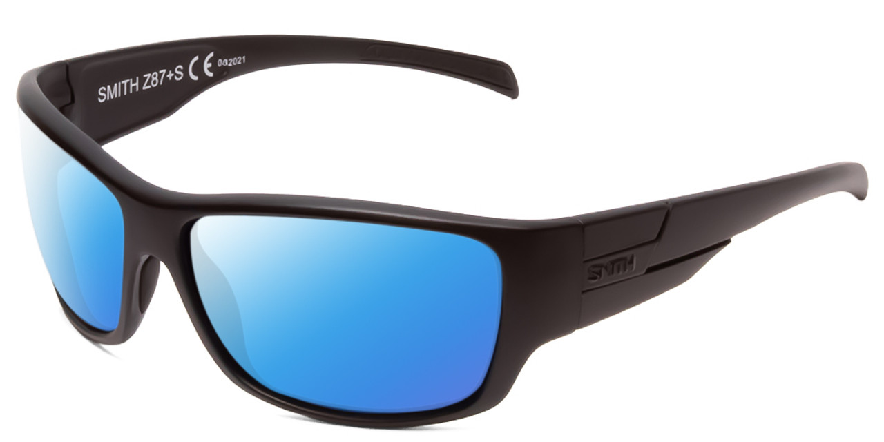 Profile View of Smith Optics Frontman Designer Polarized Sunglasses with Custom Cut Blue Mirror Lenses in Black Unisex Wrap Full Rim Acetate 65 mm