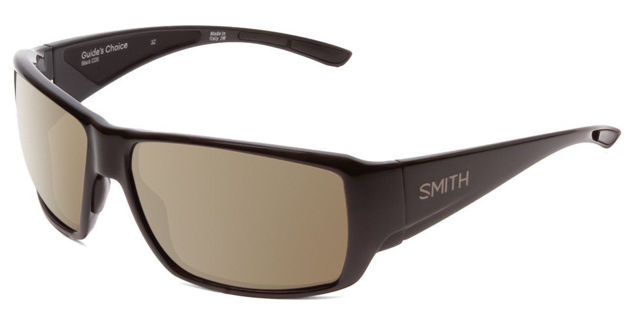 Profile View of Smith Optics Guides Choice Designer Polarized Sunglasses with Custom Cut Amber Brown Lenses in Gloss Black Unisex Rectangle Full Rim Acetate 62 mm