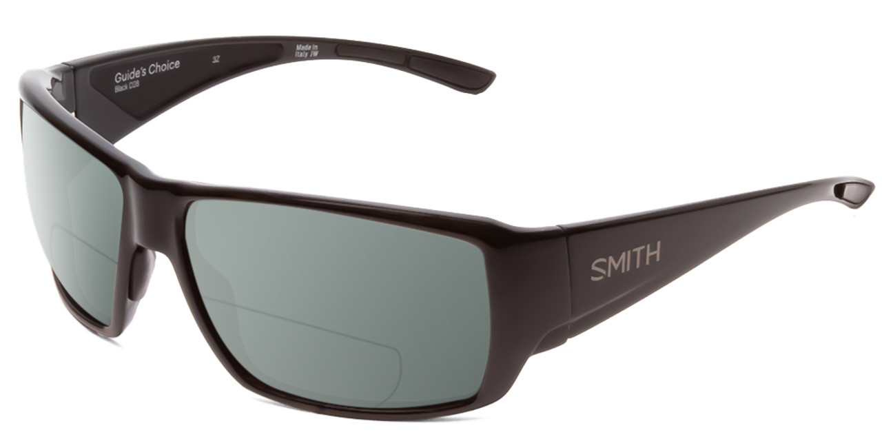 Profile View of Smith Optics Guides Choice Designer Polarized Reading Sunglasses with Custom Cut Powered Smoke Grey Lenses in Gloss Black Unisex Rectangle Full Rim Acetate 62 mm