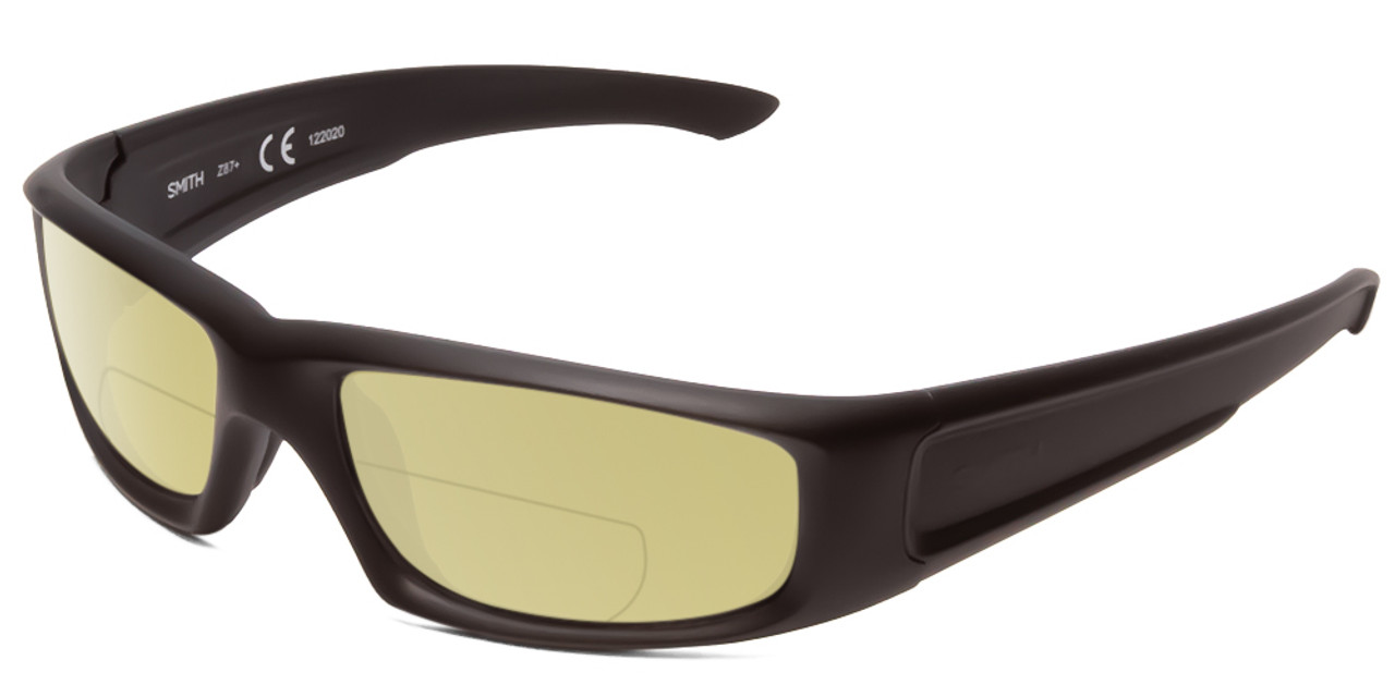 Profile View of Smith Optics Hudson Designer Polarized Reading Sunglasses with Custom Cut Powered Sun Flower Yellow Lenses in Black Unisex Rectangle Full Rim Acetate 59 mm