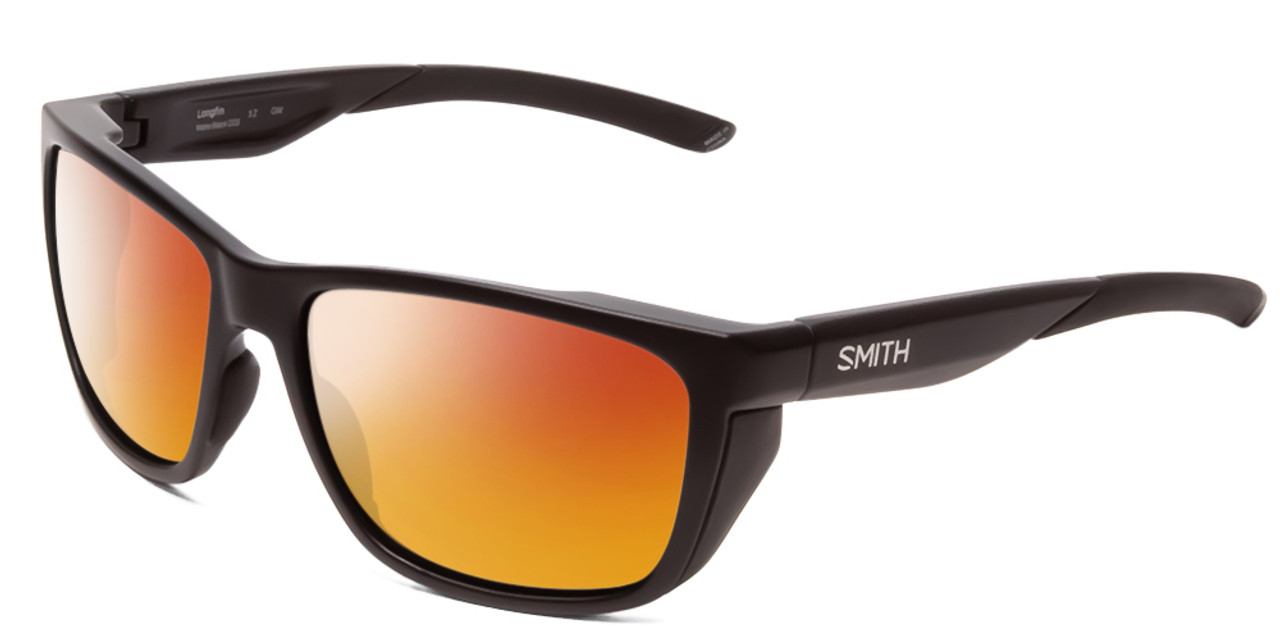Profile View of Smith Optics Longfin Designer Polarized Sunglasses with Custom Cut Red Mirror Lenses in Matte Black Unisex Wrap Full Rim Acetate 59 mm