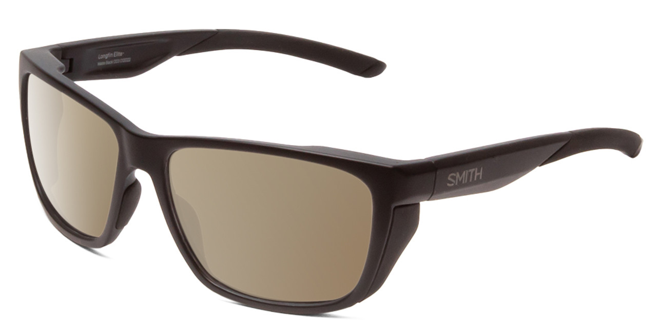 Profile View of Smith Optics Longfin Elite Designer Polarized Sunglasses with Custom Cut Amber Brown Lenses in Matte Black Unisex Wrap Full Rim Acetate 59 mm