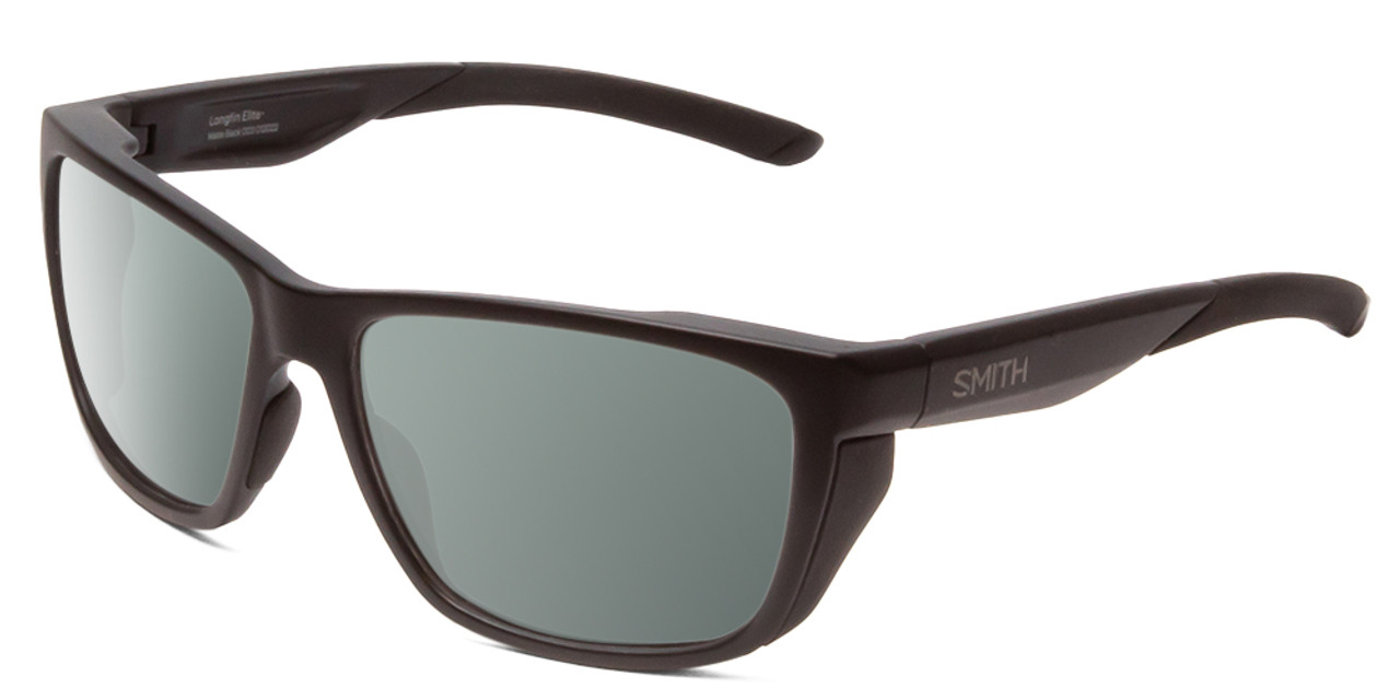Profile View of Smith Optics Longfin Elite Designer Polarized Sunglasses with Custom Cut Smoke Grey Lenses in Matte Black Unisex Wrap Full Rim Acetate 59 mm