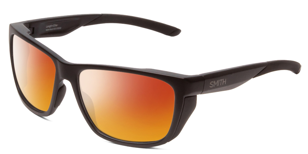 Profile View of Smith Optics Longfin Elite Designer Polarized Sunglasses with Custom Cut Red Mirror Lenses in Matte Black Unisex Wrap Full Rim Acetate 59 mm