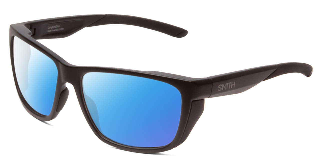 Profile View of Smith Optics Longfin Elite Designer Polarized Sunglasses with Custom Cut Blue Mirror Lenses in Matte Black Unisex Wrap Full Rim Acetate 59 mm