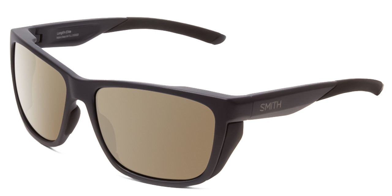 Profile View of Smith Optics Longfin Elite Designer Polarized Sunglasses with Custom Cut Amber Brown Lenses in Matte Deep Ink Navy Blue Cobalt Unisex Wrap Full Rim Acetate 59 mm