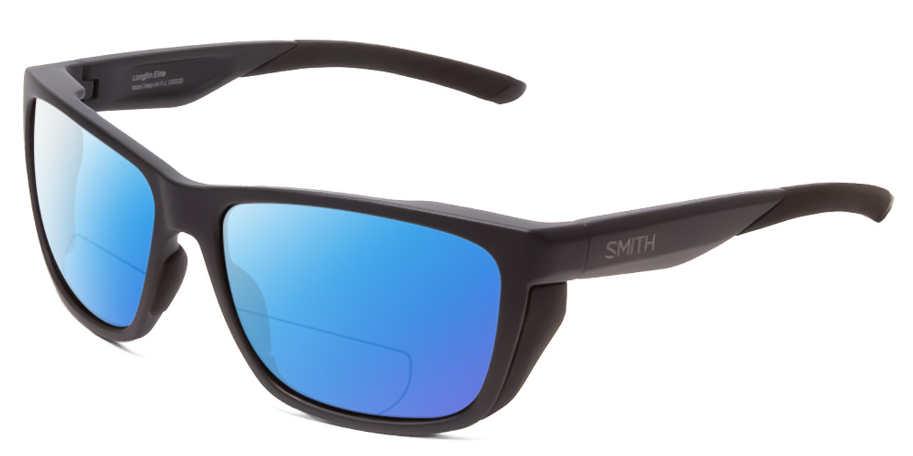 Profile View of Smith Optics Longfin Elite Designer Polarized Reading Sunglasses with Custom Cut Powered Blue Mirror Lenses in Matte Deep Ink Navy Blue Cobalt Unisex Wrap Full Rim Acetate 59 mm