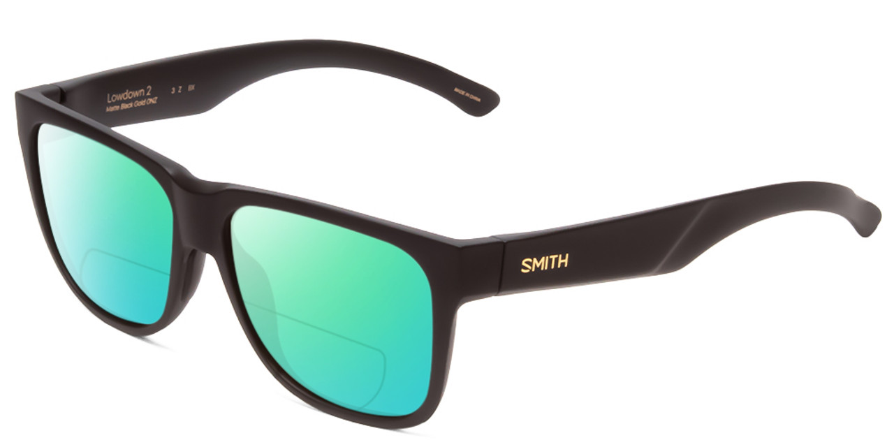 Profile View of Smith Optics Lowdown 2 Designer Polarized Reading Sunglasses with Custom Cut Powered Green Mirror Lenses in Matte Black Gold Unisex Classic Full Rim Acetate 55 mm