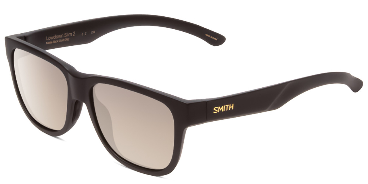 Profile View of Smith Lowdown Slim 2 Sunglasses in Matte Black Gold/CP Polarized Black Gold 53mm