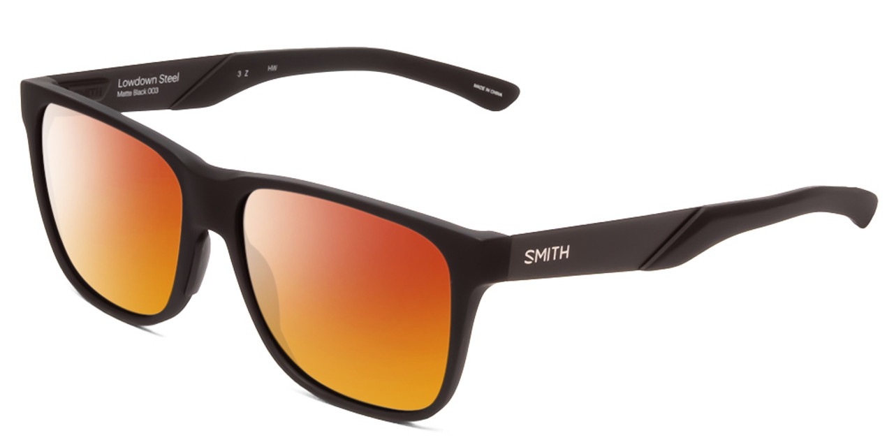 Profile View of Smith Optics Lowdown Steel Designer Polarized Sunglasses with Custom Cut Red Mirror Lenses in Matte Black Unisex Classic Full Rim Acetate 56 mm