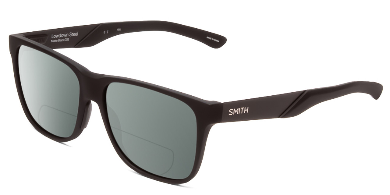 Profile View of Smith Optics Lowdown Steel Designer Polarized Reading Sunglasses with Custom Cut Powered Smoke Grey Lenses in Matte Black Unisex Classic Full Rim Acetate 56 mm