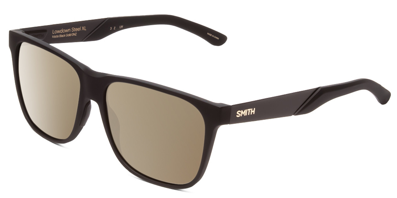 Profile View of Smith Optics Lowdown Steel XL Designer Polarized Sunglasses with Custom Cut Amber Brown Lenses in Matte Black Gold Unisex Classic Full Rim Acetate 59 mm