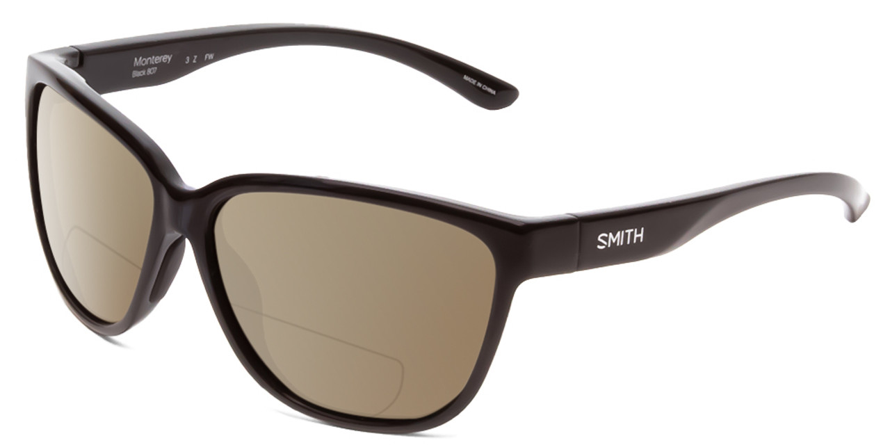 Profile View of Smith Optics Monterey Designer Polarized Reading Sunglasses with Custom Cut Powered Amber Brown Lenses in Gloss Black Ladies Cateye Full Rim Acetate 58 mm