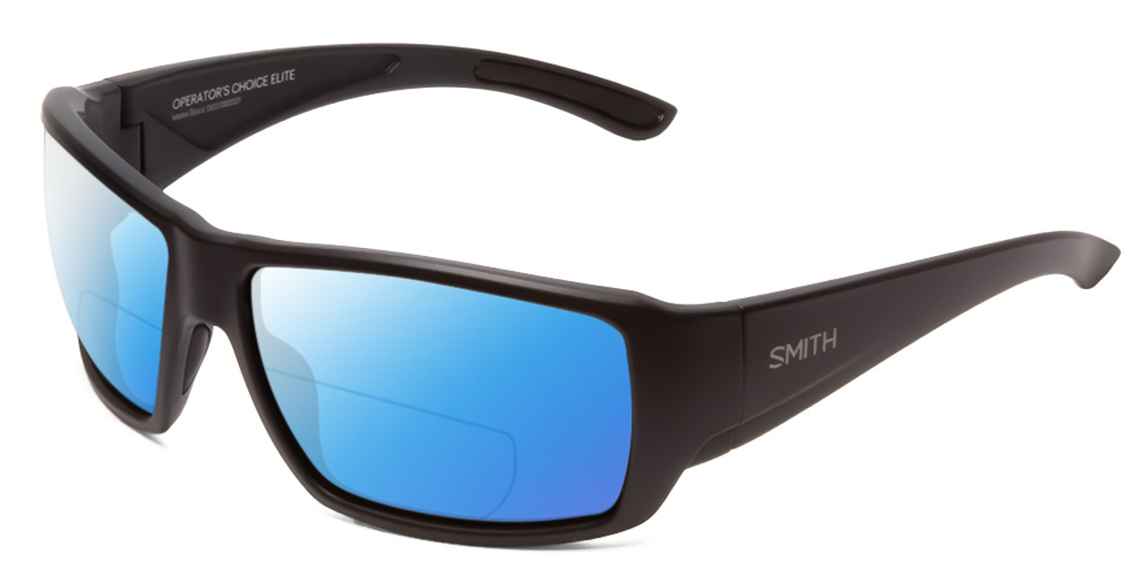 Profile View of Smith Optics Operators Choice Designer Polarized Reading Sunglasses with Custom Cut Powered Blue Mirror Lenses in Matte Black Unisex Wrap Full Rim Acetate 62 mm