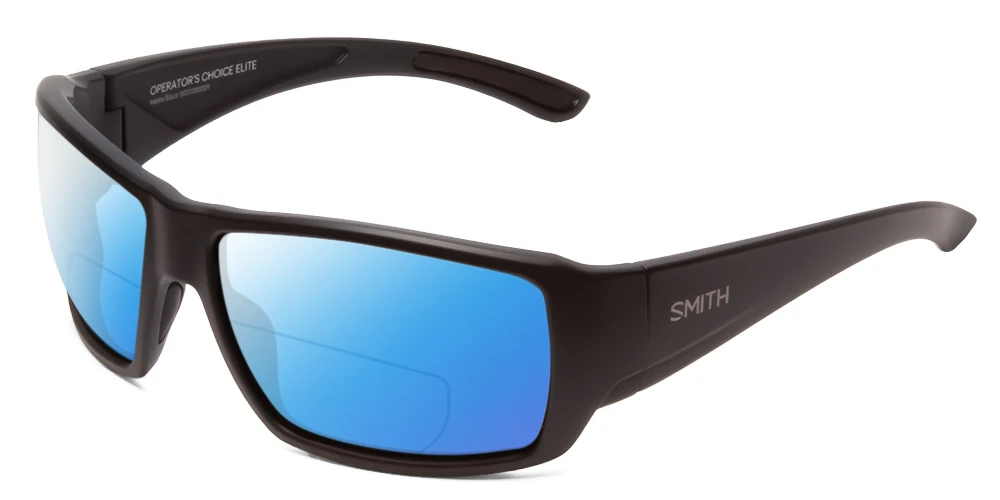 Profile View of Smith Optics Operators Choice Designer Polarized Reading Sunglasses with Custom Cut Powered Blue Mirror Lenses in Matte Black Unisex Wrap Full Rim Acetate 62 mm