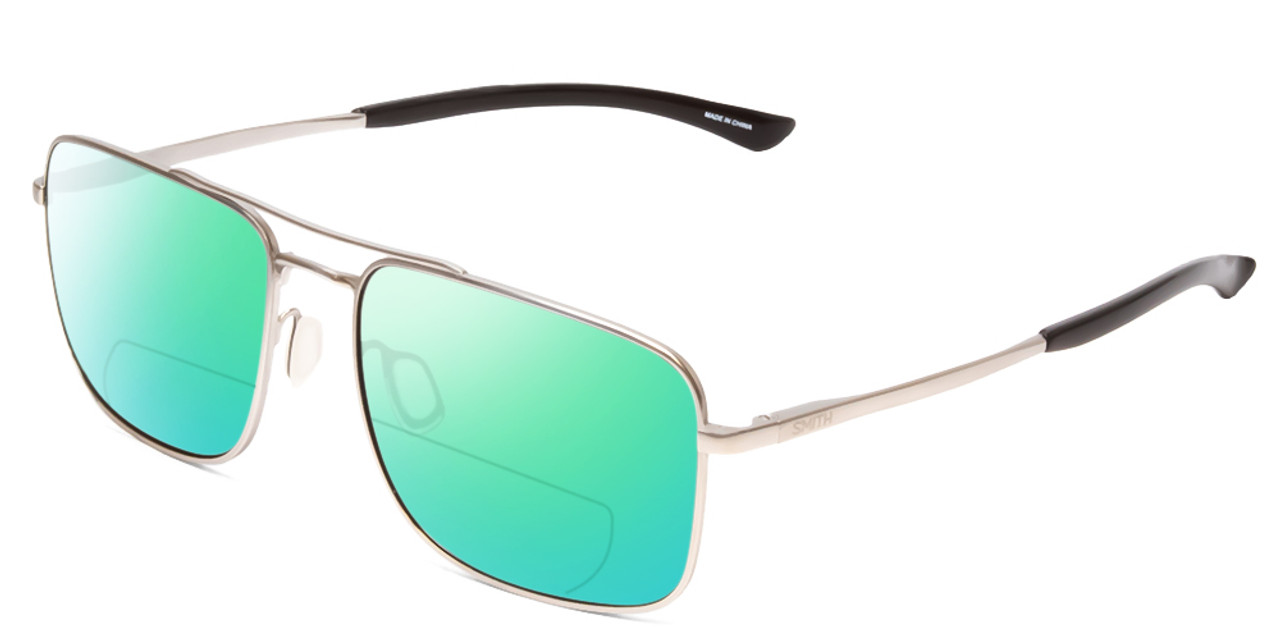 Profile View of Smith Optics Outcome Designer Polarized Reading Sunglasses with Custom Cut Powered Green Mirror Lenses in Matte Silver Black Unisex Pilot Full Rim Metal 59 mm