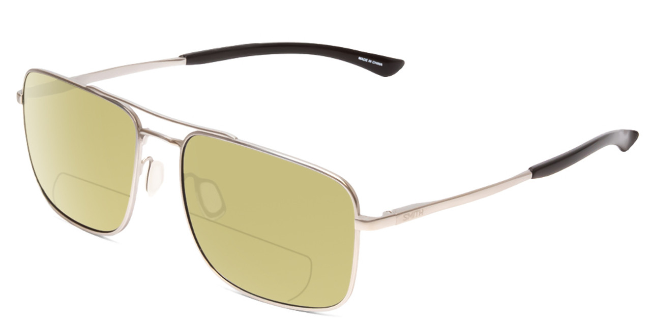 Profile View of Smith Optics Outcome Designer Polarized Reading Sunglasses with Custom Cut Powered Sun Flower Yellow Lenses in Matte Silver Black Unisex Pilot Full Rim Metal 59 mm