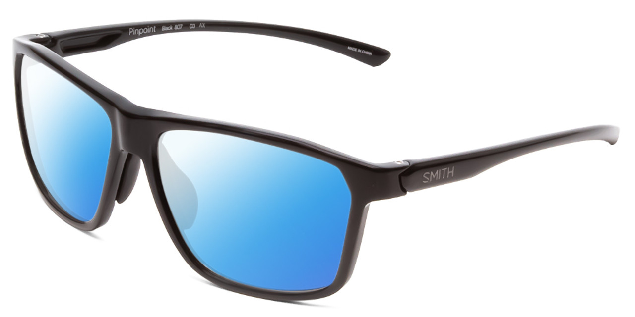 Profile View of Smith Optics Pinpoint Designer Polarized Sunglasses with Custom Cut Blue Mirror Lenses in Black Unisex Square Full Rim Acetate 59 mm