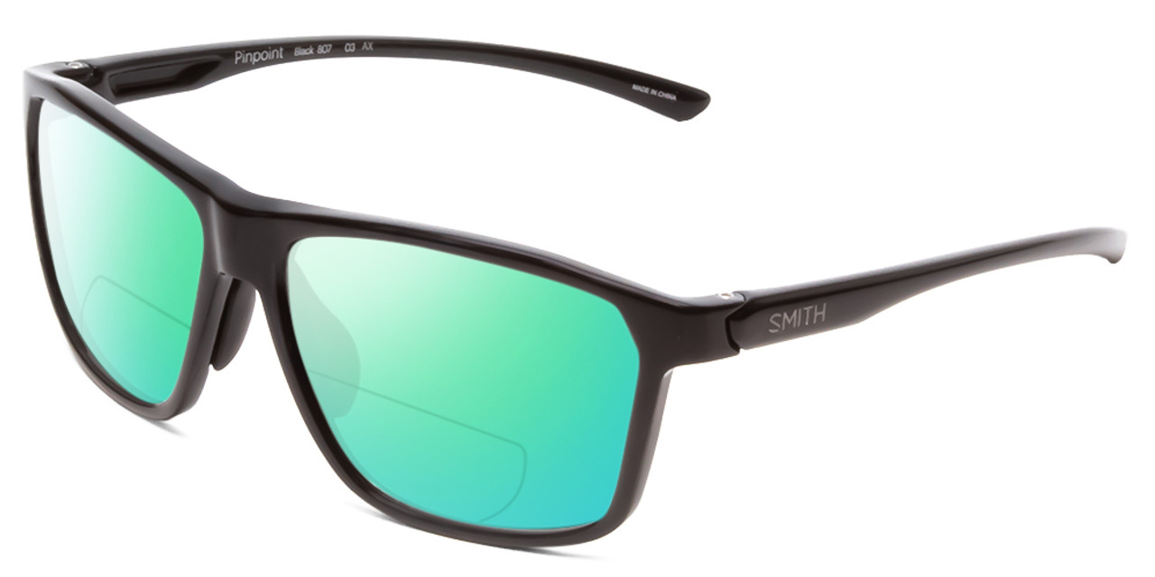 Profile View of Smith Optics Pinpoint Designer Polarized Reading Sunglasses with Custom Cut Powered Green Mirror Lenses in Black Unisex Square Full Rim Acetate 59 mm