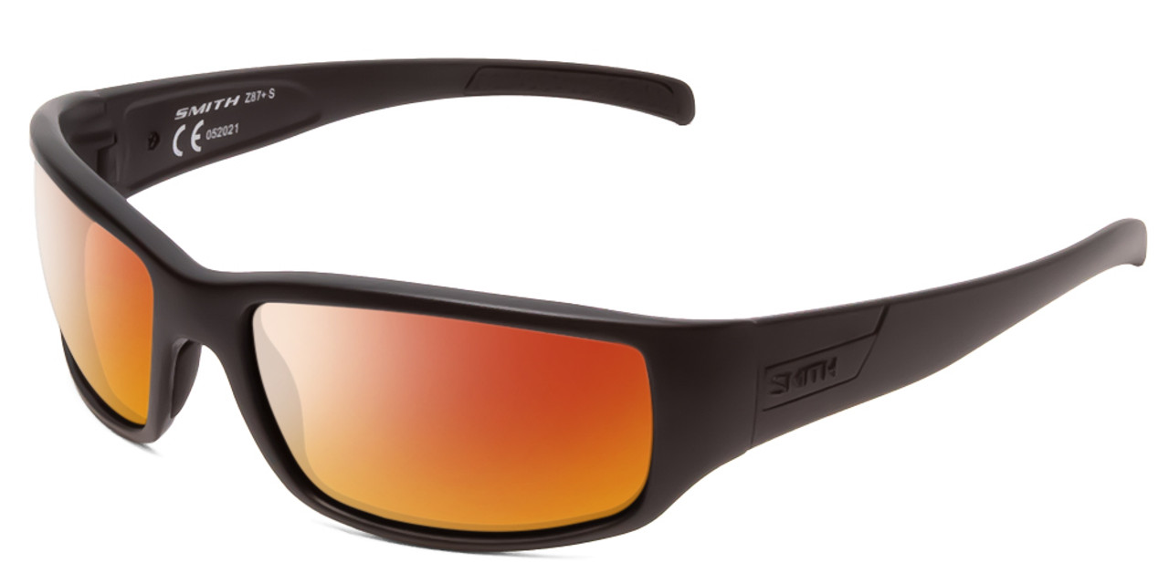 Profile View of Smith Optics Prospect Elite Designer Polarized Sunglasses with Custom Cut Red Mirror Lenses in Black Unisex Wrap Full Rim Acetate 60 mm